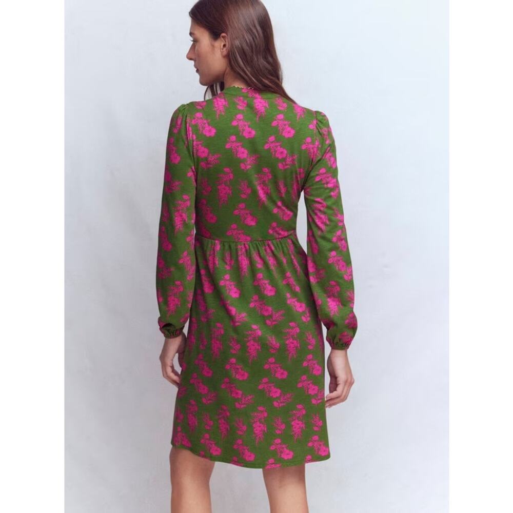 Boden Amy Puff Sleeve V-Neck Jersey Mini Dress Olive Blossomy Spring Womens 12R - Picture 3 of 11